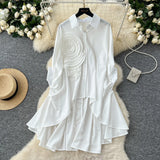 Version Of High-End Sense Polo Collar Shirt Women Autumn Three-Dimensional Flowers Loose Irregular Folding Tail Design