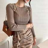 Autumn and Winter Fashion Korea Sweater Women Elegant Buttons Cotton Lady T-shirt Pullover Bottoming Knitted Sweater