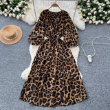 Retro Niche Print Dress Woman 2025 Autumn Strap To The Waist Round Lantern Sleeves Thin
