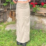 White Front Ruffle Drawstring Casual Long Skirts Women Back Streetwear With Pockets Low Waist Loose Preppy Cargo
