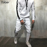 Men 2 Pieces Sets 2019 Brand Autumn Winter Hooded Sweatshirt +Drawstring Pants Male Stripe Patchwork