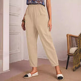 Four-Season Cotton Nine-Point Trousers Loose Waist Slacks Slant Pocket Trousers