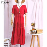Button V-Neck Short Sleeve Summer Dress Women Chic Patchwork Lace Cotton Elegant Long Maxi Dresses Boho Beach