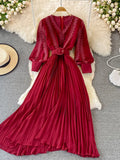 Red/Yellow/Black Embroidered Pleated Long Dress Vintage V-Neck Lantern Sleeve High Waist Draped Maxi Vestidos Female 2022