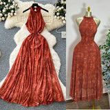 Retro Style High-End Dye Hanging Neck Sleeveless Dress Women Summer Waist Design Beautiful Swing