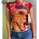 Rockmore Vintage Print Top Women Short Sleeve T-shirt Grunge Casual Basic Tee Aesthetic Streetwear E Girl O Neck T Shirt