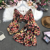 New Summer Fashion All-match V-neck Lantern Sleeve short Shirt + high waist slim floral Skirt 2-piece