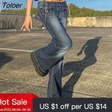 Punk Vintage Low Rise Flared Jeans with Pockets Goth Streetwear Full Length Blue woman jeans Y2K Retro Chic Pants