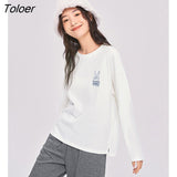 Women Tees 2022 Autumn Winter Long Sleeve O Neck Loose Tshirt Rabbit Print White Pure Cotton Casual Basic All Match