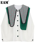 Women White Plaid Color-block Big Size Blouse New Lapel Long Sleeve Loose Fit Shirt Fashion Spring Autumn 2023