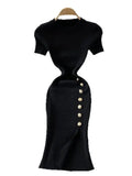 Version Of The Solid Color Collar Buckle Body Short Sleeve Elastic Knitted Forked And Left-Sleeved Dress