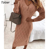 Women Knitted Long Sleeve Dress Elegant V Neck Hollow Party Long Dresses Casual Autumn Winter White Plus Size Basic