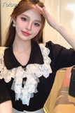 Knit Tshirts Women Peter Pan Collar Puff Sleeve Tees Patchwork Lace Fashion Vintage T Shirt Korean Summer T Shirt
