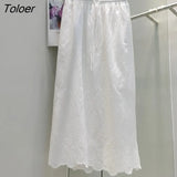 Boho Elegant White Long Skirt Women Hook Flower Hollow Folds Hem High-waisted Skirts Casual Holiday Female Clothes