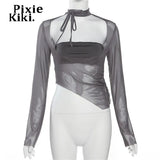 Asymmetric Square Neck Long Sleeved Tops Y2k Streetwear Hollow Out Mesh See Through Sexy T Shirts Women