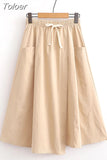Summer A Line Skirts Women Fashion High Waist Korean Large Pocket With Drawstring Solid Color Casual Chic Skirt