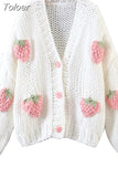 Strawberry Women Cardigan Sweater Winter Loose Fashion V Neck Hand 3D Knitting Ladies Jumper Casual Female Coats