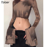 Sexy Bondage Dye Print Tee Long Flared Sleeve Fashion Short Top Mesh See Through Elegant Sweater Vintage Streetwear