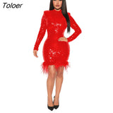 Dresses Sparkly Sequin Feather Party Vestidos Chic Sparkly Y2k Outfit O-neck Turtleneck Dress For Womens Long Sleeve