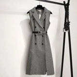 Women Houndstooth Tweed Notched Plaid Dress Two Piece Set Winter Knitted Sweater And Double-Breasted Vest Party Midi Dress
