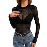 Mesh Top y2k Clothing Women Gothic Punk Clothes Sheer See Through Turtleneck Long Sleeve T Shirt Sexy Tees Party