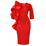 Fashion Women's Round-Neck Temperament Seven-Sleeve Lotus Leaf Side Elegant African