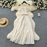 Fairy Vacation Wearing Women's Summer Dress Pure Desire Elastic Sling Sling Vest Hollow Embroidered High-Rise Half-Schamin Dress