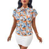 Chiffon Stand Collar Printed Short Sleeve