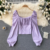 Women Fashion Korean Blouse Long Sleeve Square Collar Solid Slim Office Tops Autumn Casual Streetwear Short