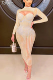 Hot Drill Mesh Spliced Party Dress Female Hollow Front Cleavage Long Sleeve Vestidos Luxury Nightclub Partywear