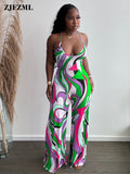 Color Block Print Rompers Spaghetti Strap Open Back Sleeveless High Waist Wide Leg Jumpsuits for Women Fashion