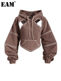 Brown Back Bow Irregular Cut-out Sweatshirt New Hooded Long Sleeve Women Big Size Fashion Tide Spring Autumn 2023