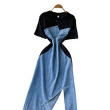 Version Of Fashion Elegant Irregular Short Sleeve Splicing Diamond-Singed Waist Denim Dress Women's Summer Open Fork Long