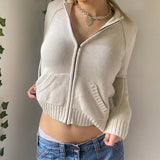 Vintage Brown Solid Hooded Y2K Sweaters Women Autumn Winter Lantern Sleeve Zip Up Jacket Cardigan Knitted Hoodies