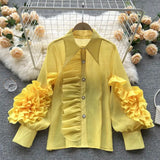 Ruffle Trim Shirt For Women Lapel Lantern Sleeve Loose Solid Button Through Blouse Female Fashion