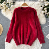 Plush Sweater Women Loose Gentle Long Sleeve Fashion O Neck Korean Top 2022 Winter Solid Streetwear Knitted