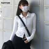 Korean Fashion White Shirts Preppy Style Ribbed Shirts Vintage Solid Long Sleeve Lapel Blouses Sexy Slim Streetwear
