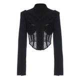 Women Black Lace Irregular Short Blazer New Lapel Long Sleeve Loose Fit Jacket Fashion Tide Spring Autumn 2023