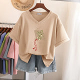 100% Cotton L-5XL Plus Size T Shirt Print Short Sleeve Women's Top Japanese Summer Sweet Couple V Neck Oversize T