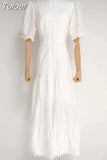 Casual Solid Dress For Women Stand Collar Short Puff Sleeve High Waist Patchwork Lace Long Dresses Female Fashion