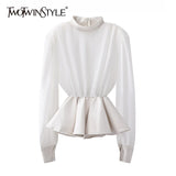 Black Casual Patchwork Ruffle Shirts Female Stand Collar Long Sleeve Gathered Waist Slim Fashion Woman Blouses