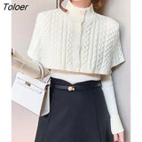 Temperament Cape Knit Two Piece Set Women New Fashion V Neck Long Sleeve Pullover Sweater Stand Collar Knit Cardigan Shawl