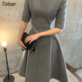 Gray Elegant Dress Women O Neck High Waisted Chic Dress Bodycon Female Puff Sleeve Solid Business Streetwear Women