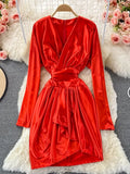 Autumn Vintage Gold/Black Satin Draped Dress Women Elegant V-Neck Long Sleeve High Waist Irregular Robe Female Vestidos 2021