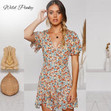 Boho Holiday Ruffles Summer Dress Vintage Floral Print Beach Dress Slim Casual Women Mini Dress vestidos