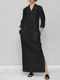 Summer Dresses Women 2022 Casual Fashion Simple Solid Color V-neck Pocket Pullover Cotton Linen Dress Loose Long Dress