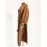 Women Camel Bandage Hem Slit Long Knitting Casual Dress New Turtleneck Long Sleeve Fashion Tide Spring Autumn 2023
