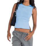 Tank Top Women Casual Solid Color Crew Neck Sleeveless Backless Tie-Up Cut Out Vest Summer Basic Tee Shirt 2000s