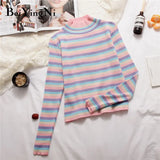 Spring Autumn Long Sleeve Knit Sweater Women Stripe Cute Hit Color Casual Pullover Tops Female Basic Ulzzang