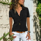 Cotton Tops Blouses 2019 Autumn Short Sleeve Solid V-Neck Office Blouse Female Work Women Button Up Shirt Plus Size